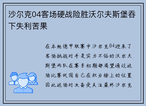 沙尔克04客场硬战险胜沃尔夫斯堡吞下失利苦果